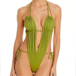 Cult Gaia Katrice One Piece Green Halter Plunge Swimsuit Size L